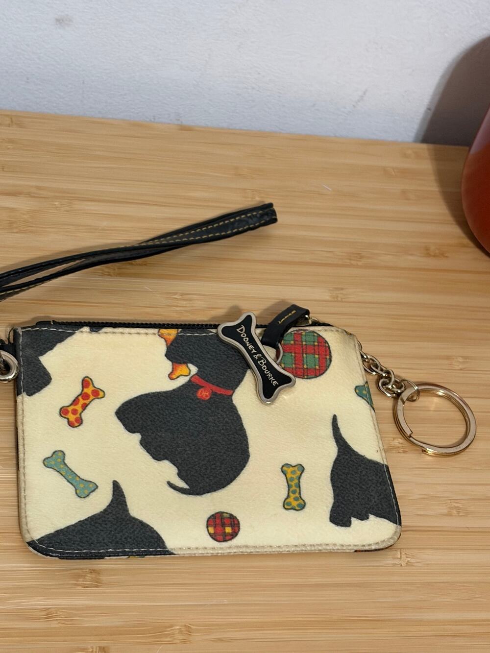Dooney & Bourke Scottie Dog Wristlet Keychain Pouch Black Cream Plaid